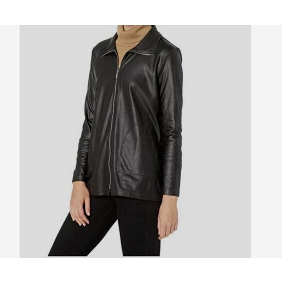 Elliott Lauren Womens Jacket Size XL Black Zip Front Stretch Light Faux Leather - Picture 8 of 14